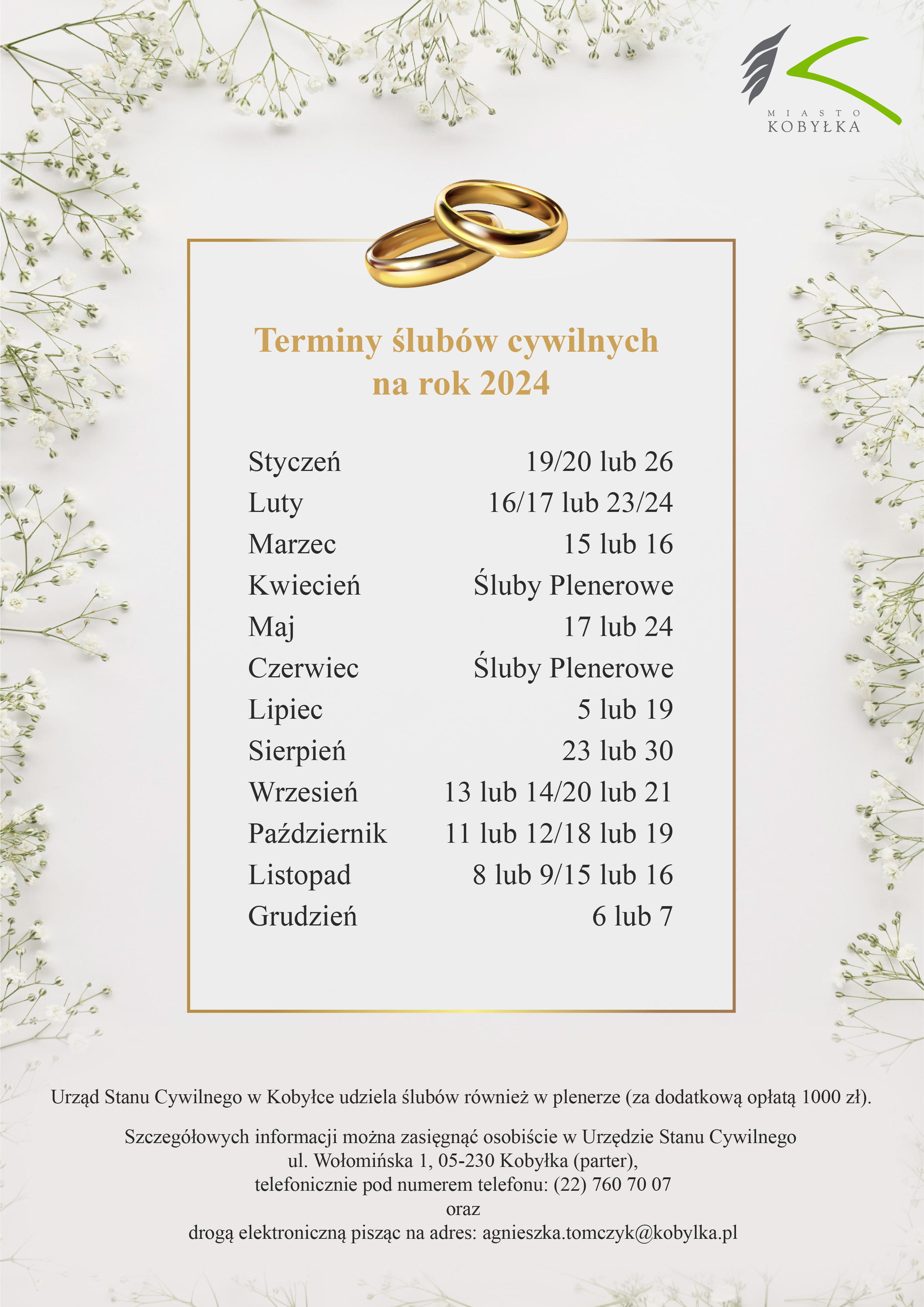 plakat z terminami ślubów cywilnych 