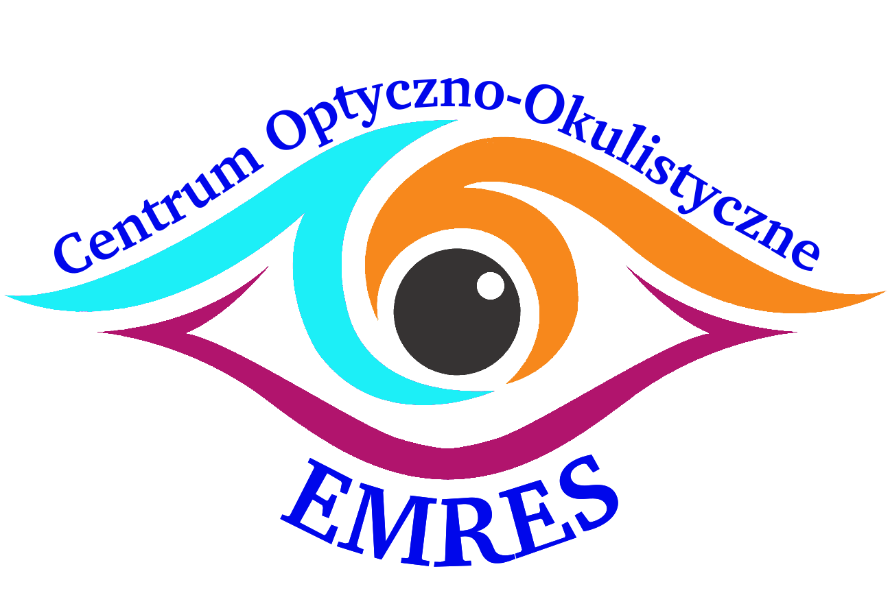 Oko w czterech kolorach (czarny, pomarańczowy, różowym i niebieskim), nad okiem i pod okiem granatowy napis.
