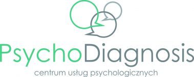 Logo firmy PsychoDiagnosis. Szaro zielony napis na białym tle.